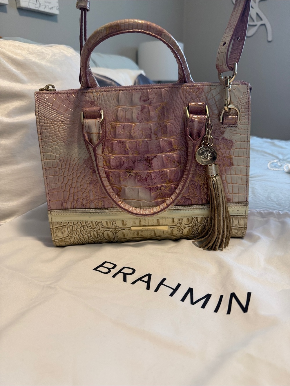 Brahmin Pink and Gold Croc-Embossed Satchel with Tassel